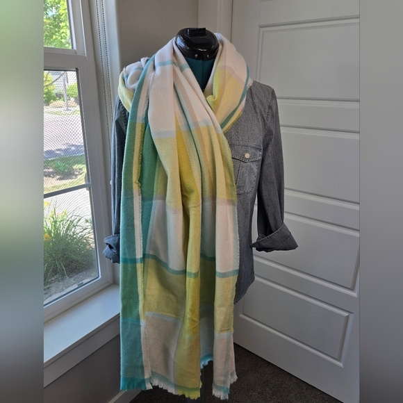 NWT BANANA REPUBLIC OVERSIZE BLANKET SCARF SHAWL WRAP CITRON BLUE PLAID WOMEN OS - Picture 5 of 15